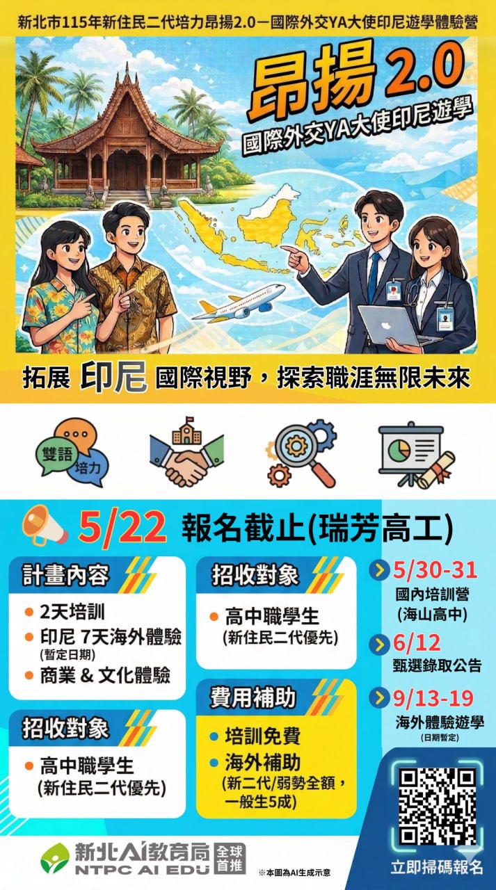想發揮跨文化優勢,成為國際交流大使嗎? 新北市教育局「培力昂揚 2.0」帶你走進印尼,展開一場深度遊學與職涯探索之旅! 🌸🌸報名截止:115 年 5 月 22 日(五)止 。(額滿為止,請盡速報名!) 📢 報名必看亮點: ✅️新住民二代及弱勢學生享全額補助出國經費,一般生補助 5 成 。 ✅️完訓頒發教育局培訓證明,讓學習歷程檔案更亮眼。 ✅️安排短影片拍攝剪輯與東南亞產業趨勢課程。 ✅️走訪印尼知名大學、台商企業,探索數位科技與智慧城市脈動 。 ✅️重新認識自身語言文化,建立面向國際的獨特競爭力 。 📢 活動資訊招收對象: ✅️本市國九至高三學生(新住民二代優先) 。 ✅️培訓時間:115 年 5 月 30 日至 5 月 31 日於海山高中辦理。 👉 立即報名:https://forms.gle/ei7JBBQECAA9Vyug6 ✨ 給自己一次昂揚國際、走向世界的機會!