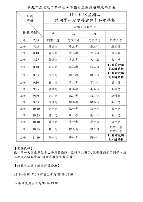 114.10.28上午施打流感疫苗班級時間表及注意事項圖片
