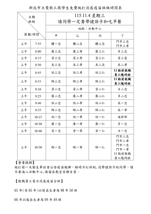 115年11月4日上午全校流感疫苗班級時間表及注意事項